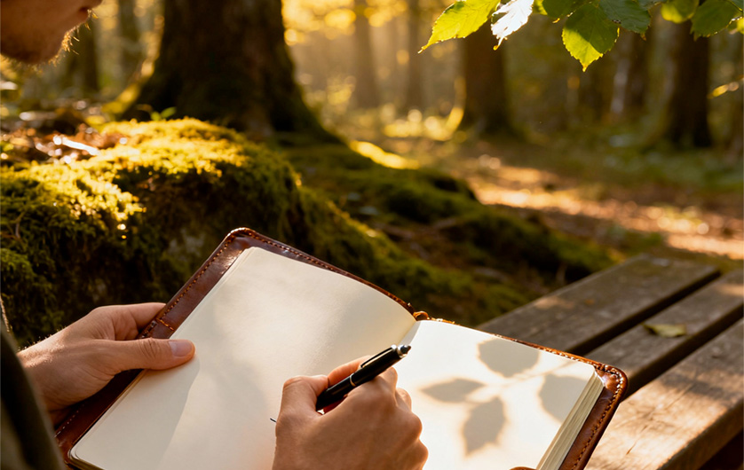 Une personne écrit dans un carnet, gros plan sur les 2 mains, une forêt en arrière-plan