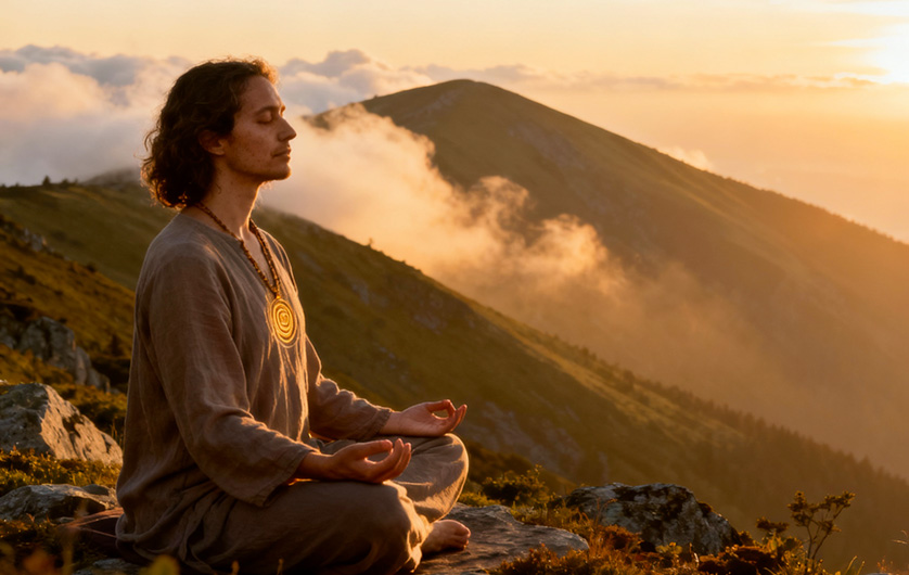 Un jeune homme pratiquant la méditation dans une posture de relaxation, une montagne embrumée à l'arrière-plan