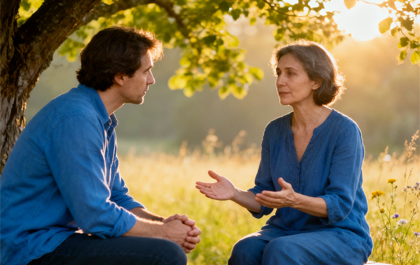 Une femme et un homme dialoguent dans une situation d'empathie, au sein d'un environnement de forêt au coucher du soleil