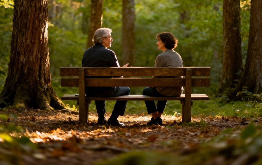 2 personnes discutent assises sur un banc dans une forêt