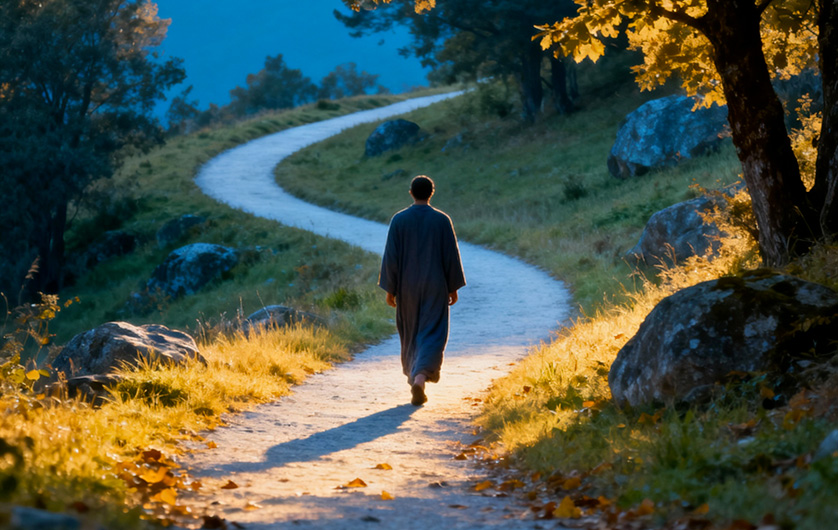 Une personne de dos marche sur un chemin qui serpente dans la forêt au lever du soleil